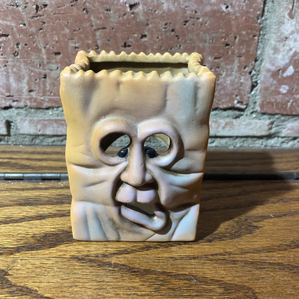 Halloween Ceramic Monster Silly Face Bag Votive Candle Holder . Vintage